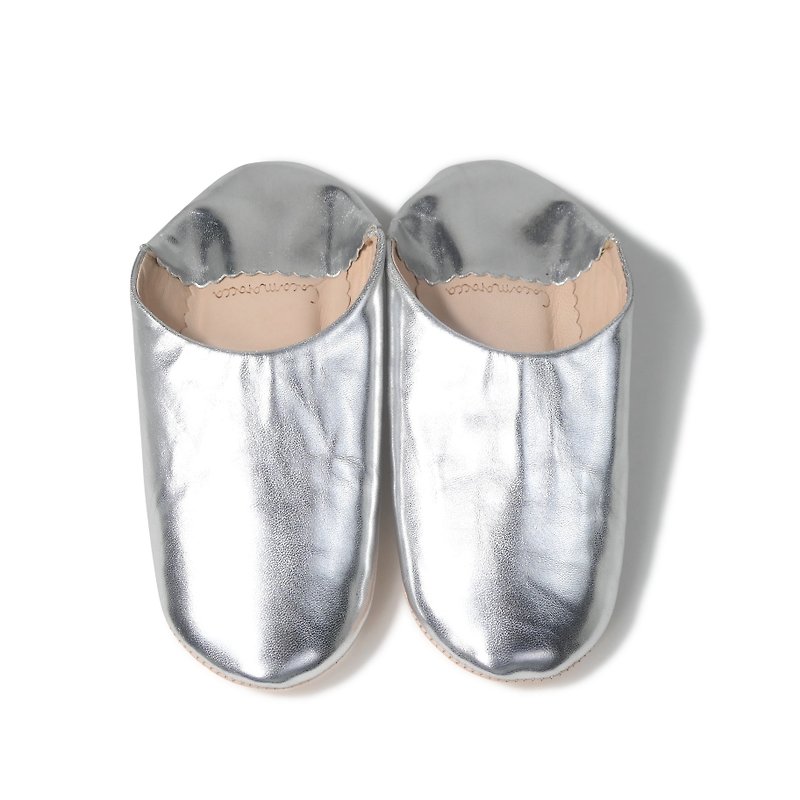 高品質 シルバー /  モロッコ 無臭 プレーン レザー バブーシュ スリッパ ハンドメイド - 室内拖鞋 - 真皮 银色