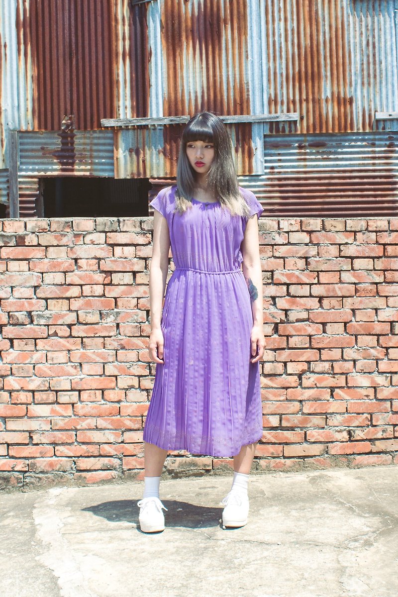 淡雅紫点点圈圈半袖古着洋装 - 洋装/连衣裙 - 其他材质 紫色