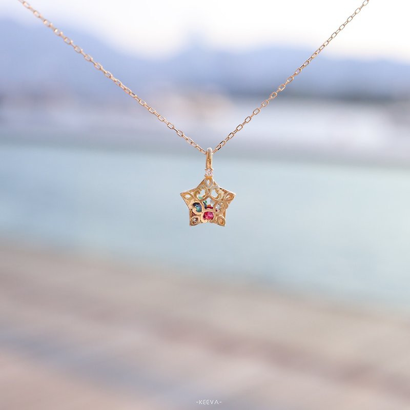 •Amulet Star Necklace• 日本制18K金七宝石项链 - 项链 - 钻石 白色