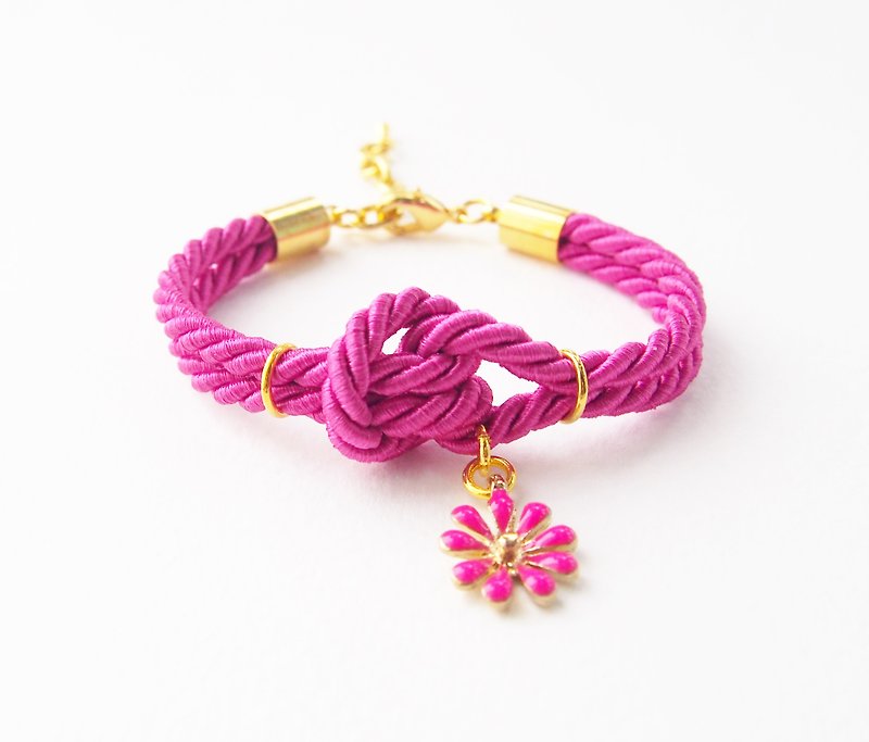 Pink knot rope bracelet + flower charm - 手链/手环 - 其他材质 粉红色