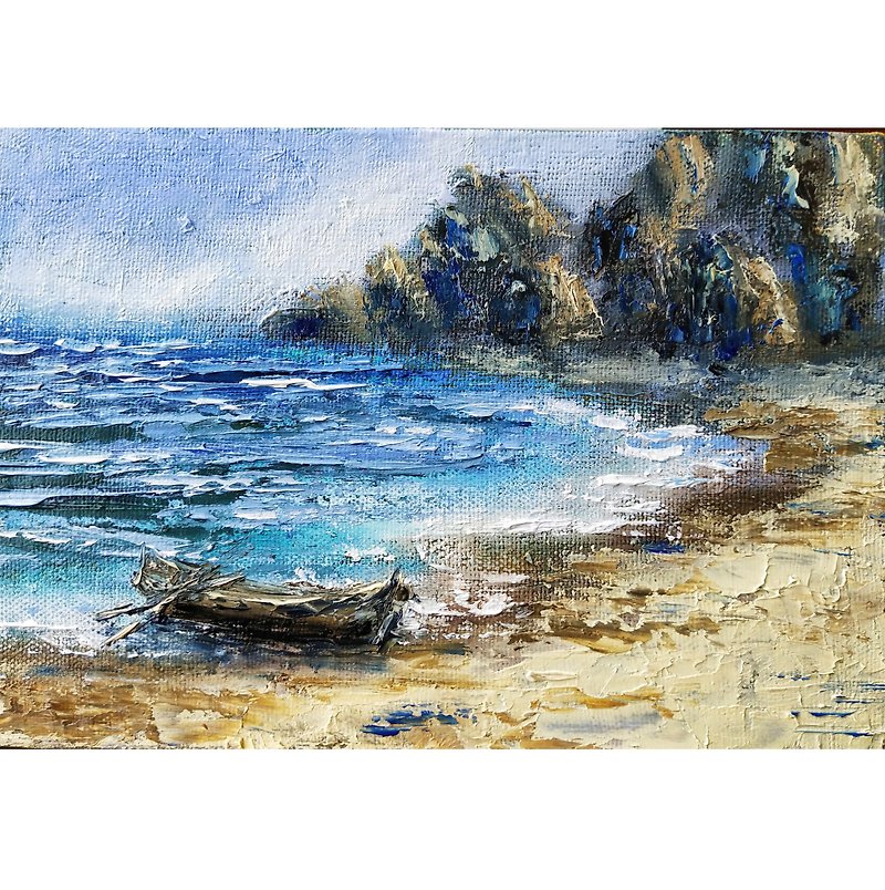 Boat Painting Coast Original Art Beach Oil Painting 20x30 cm - 墙贴/壁贴 - 棉．麻 多色