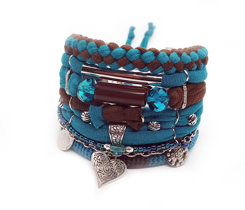 Teal Brown Bohemian Gypsy Bracelet Boho Hippie Style Heart Charm - 手链/手环 - 棉．麻 咖啡色