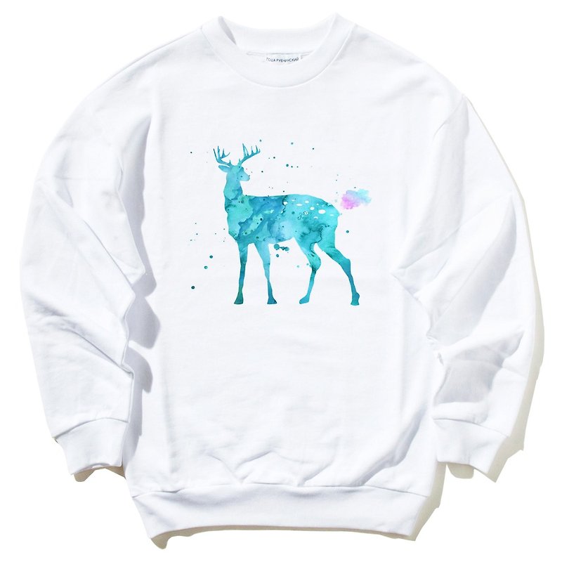Splash Deer 大学T 刷毛 白色 麋鹿 彩色 水彩 插画 鹿 宇宙 设计 自创 品牌 银河系 时髦 圆 三角形 - 男装上衣/T 恤 - 棉．麻 白色