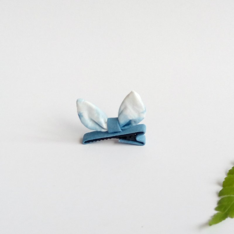 兔耳朵发夹 立体 蓝染 可爱 蝴蝶结 发夹 原创 手工 兔耳 饰品   - 发饰 - 棉．麻 蓝色