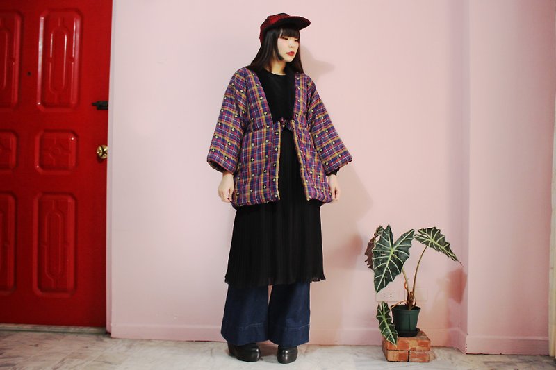 [日本制和服](Vintage)日本带回深蓝色格纹铺棉和服（はんてん） - 女装休闲/机能外套 - 棉．麻 蓝色