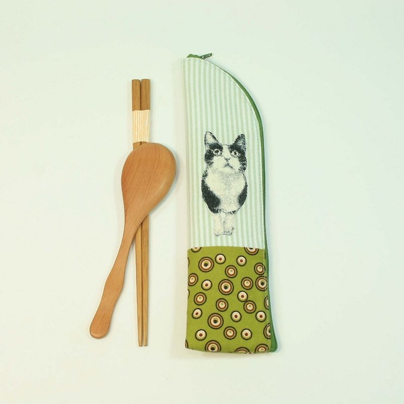 刺绣 筷袋04-猫 - 筷子/筷架 - 棉．麻 绿色