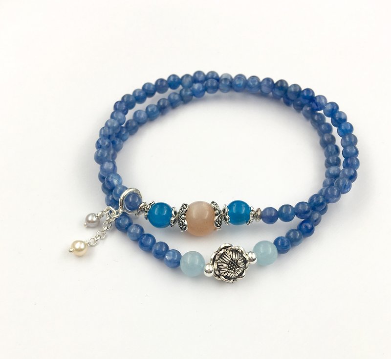 蓝晶石双圈手链-搭配月光石、磷灰石、海水蓝宝 - 手链/手环 - 宝石 蓝色
