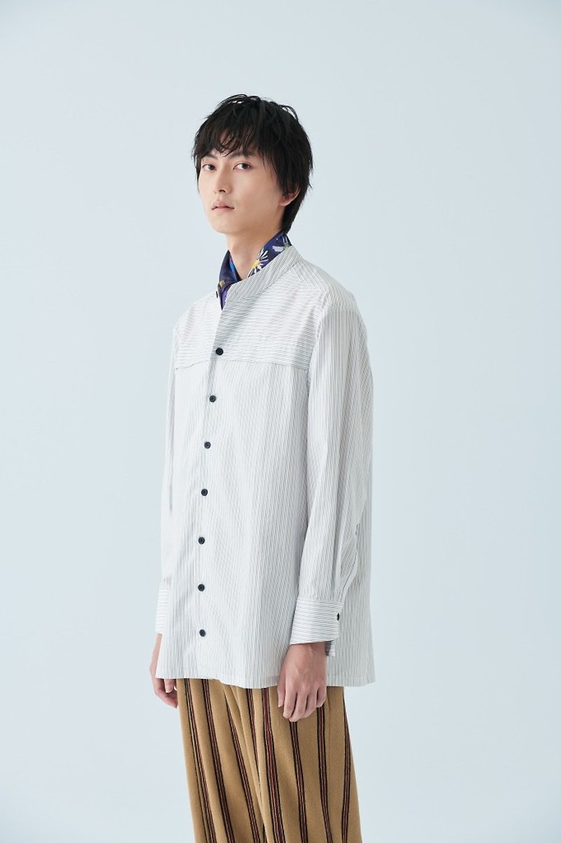 条纹圆领衬衫 - 男装衬衫 - 棉．麻 白色