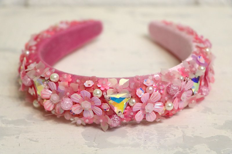 Pink crystal perls headband Bridal gentle flowers tiara Diadem with flowers - 发带/发箍 - 玻璃 粉红色