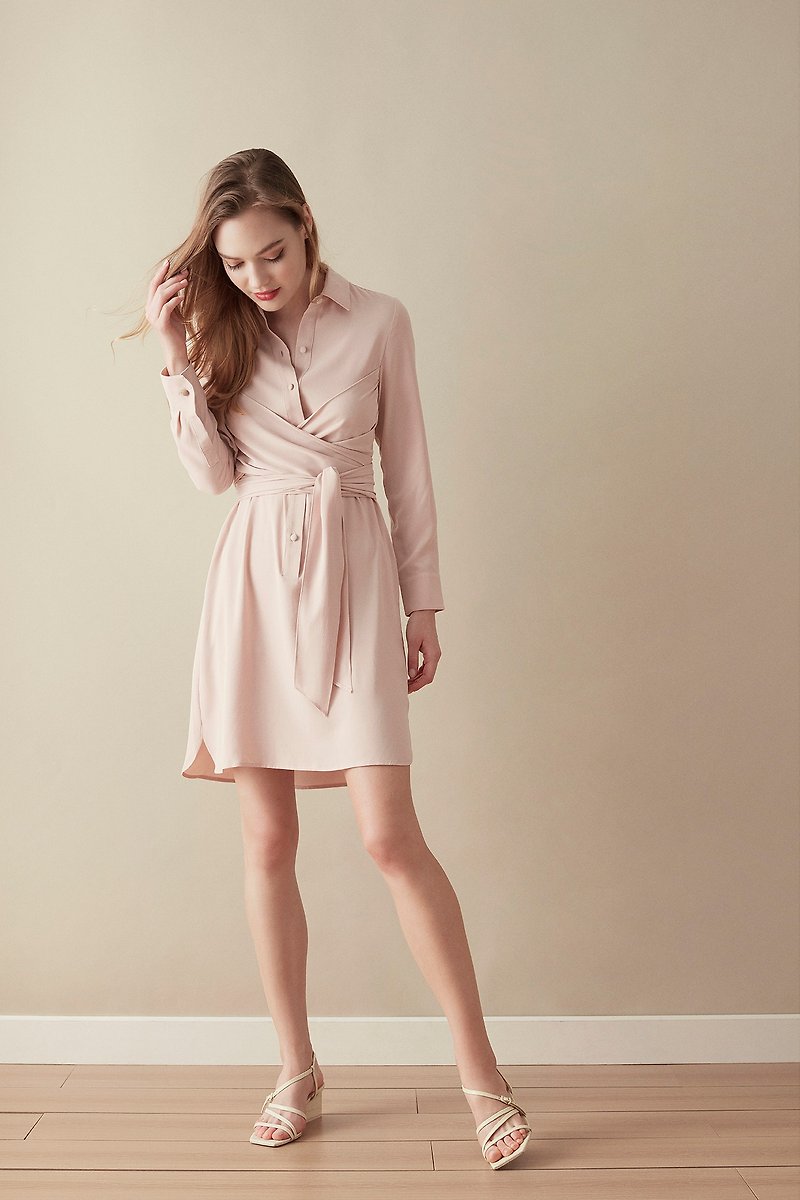 优雅绑带束腰连身衬衣短裙 - 淡粉红色 香港品牌 环保时尚