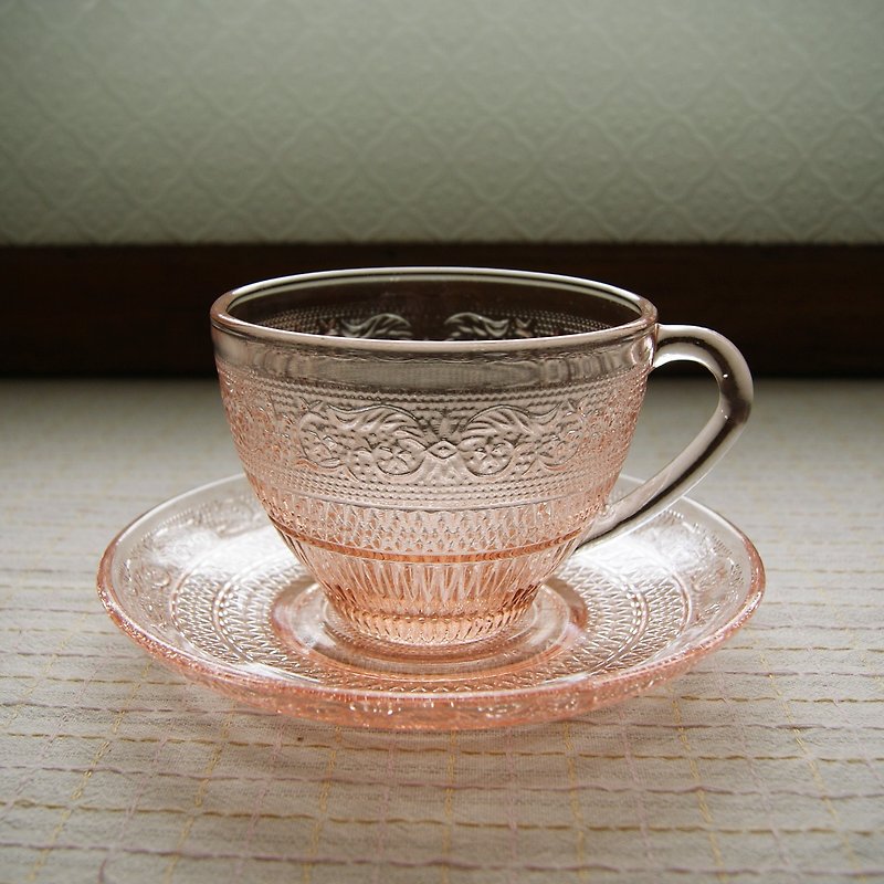 早期KIG咖啡杯碟组-粉色刻花 (餐具/旧货/老物/玻璃/图腾) - 咖啡杯/马克杯 - 玻璃 粉红色