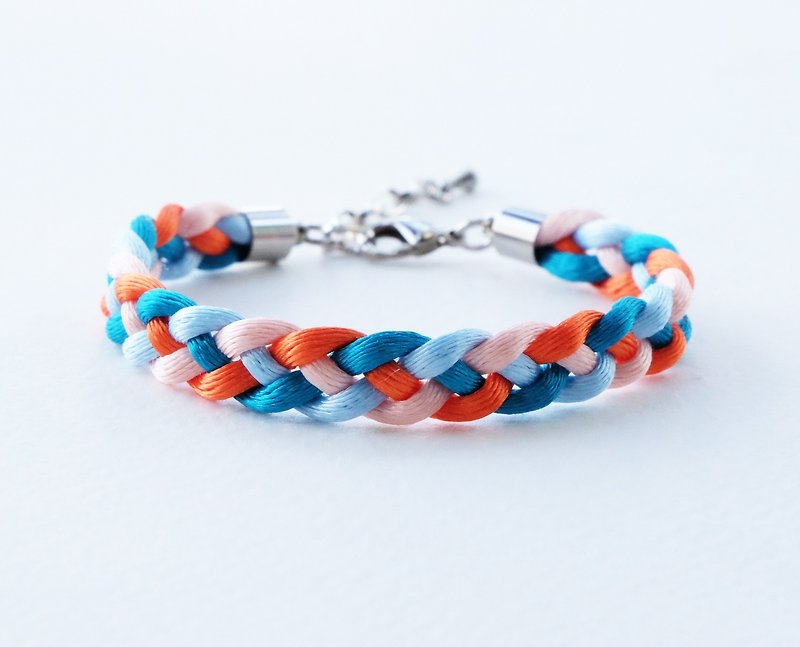 Blue tone & orange braided bracelet - 手链/手环 - 其他材质 橘色