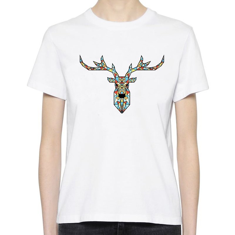 Deer Geometric Color 男女短袖T恤 白色 几何 鹿 宇宙 设计 自创 品牌 银河系 时髦 圆 三角形 - 女装 T 恤 - 棉．麻 白色