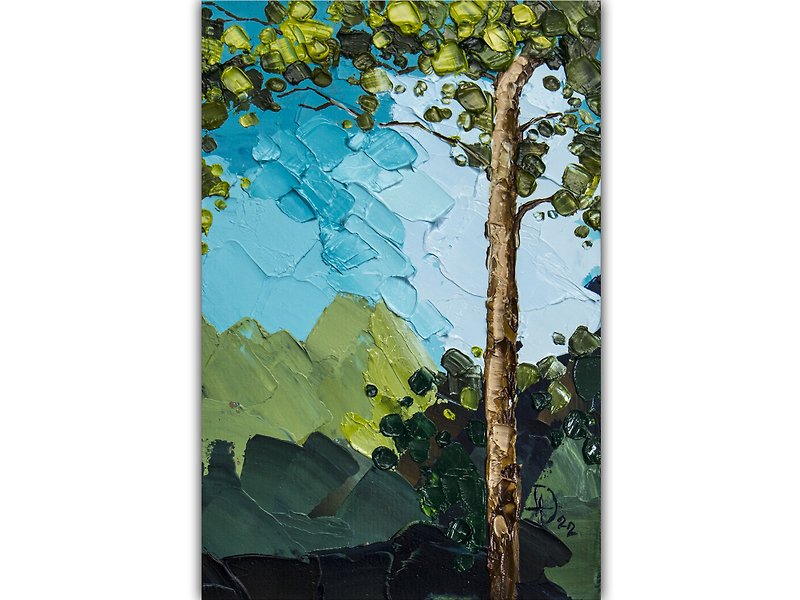 Pine Tree Painting Tree Original Art Small Impasto Oil Painting - 海报/装饰画/版画 - 其他材质 绿色