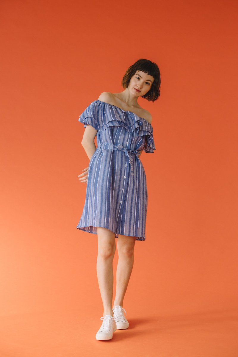 Double ruffle off shoulder mini dress in Blue-White strip - 洋装/连衣裙 - 棉．麻 蓝色