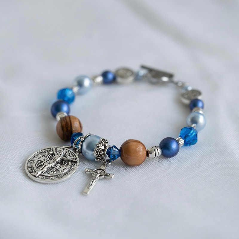 手链 耶稣十字架橄榄木珠施华洛世奇蓝色系水晶及珍珠8250074 - 手链/手环 - 其他材质 多色