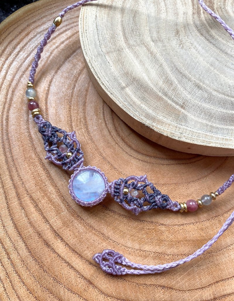 N202 波希米亚风 蜡线编织 月光石 碧壐珠 拉长石珠 项链 - 项链 - 宝石 紫色