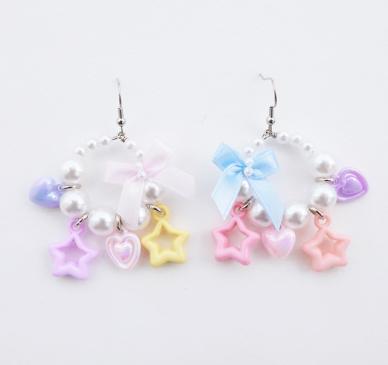 Faux pearl hoop earrings with pastel bead charms and bow - 耳环/耳夹 - 其他材质 多色