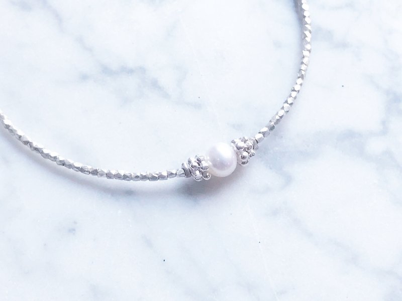 ::银矿系列:: 迷你多切面银块 单颗珍珠蕾丝花纯银手链 - 手链/手环 - 银 