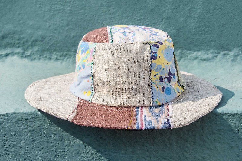 民族风拼接手织棉麻帽 针织帽 渔夫帽 遮阳帽 草帽-蓝色海洋 - 帽子 - 棉．麻 多色