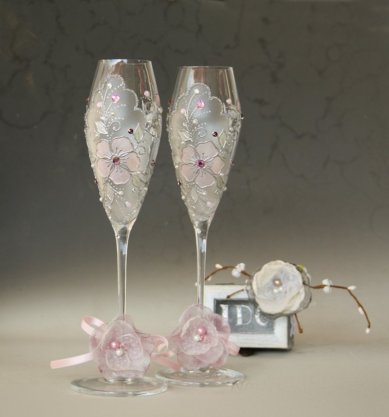 Wedding Glasses Champagne Flutes, Spring Blossom Festive, Hand Painted Set of 2 - 酒杯/酒器 - 玻璃 粉红色