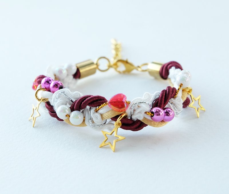Christmas gift collection ,Red/White/Gold braided rope and beads bracelet with stars - 手链/手环 - 其他材质 红色