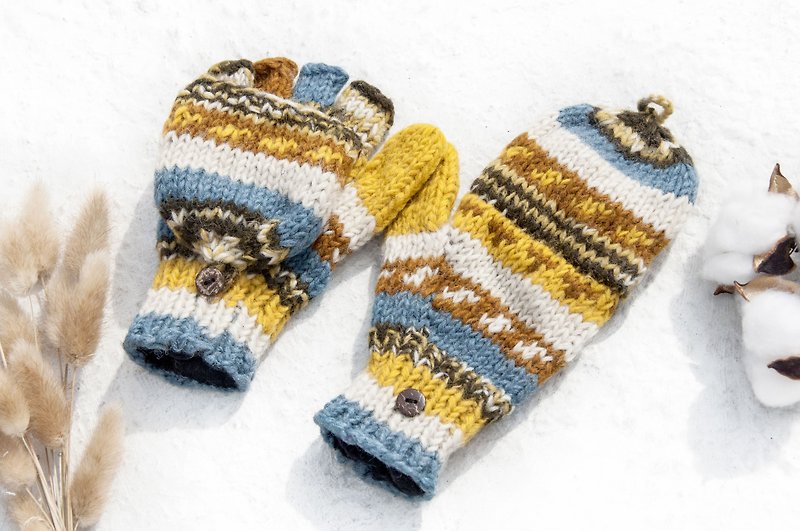 手织纯羊毛针织手套/可拆卸手套/内刷毛手套/保暖手套-北欧风阳光 - 手套 - 羊毛 多色