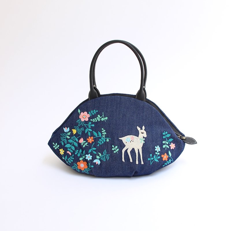 バンビ刺繍・アーモンドバッグ - 手提包/手提袋 - 棉．麻 蓝色