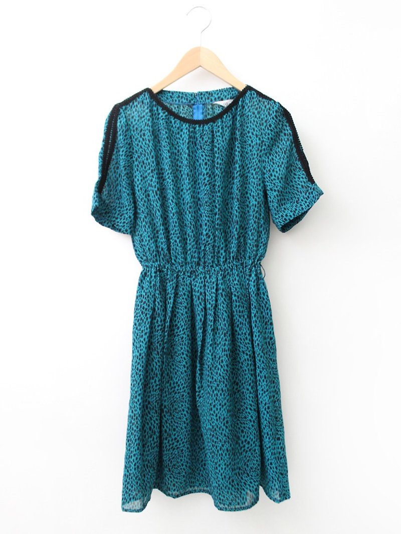 【RE0503D1131】日本制昭和风复古蓝绿色短袖春夏古着洋装-特 - 洋装/连衣裙 - 聚酯纤维 蓝色