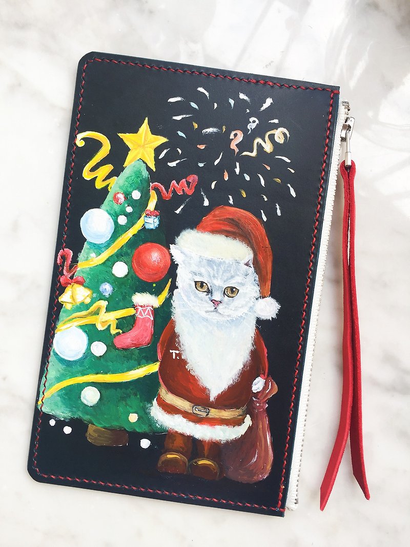 手绘图案 圣诞猫真皮零钱包 | 手机包 | 小皮夹 | 手拿包 - 手拿包 - 真皮 蓝色