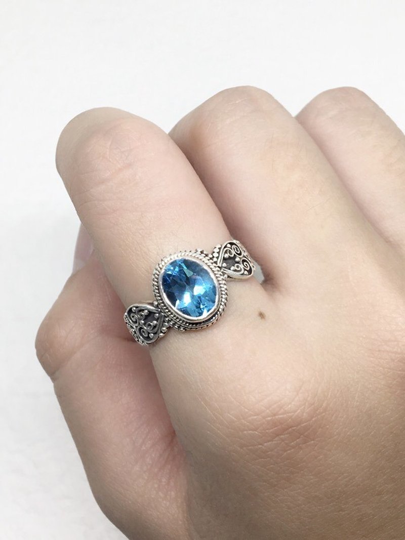 蓝托帕石925纯银重工典雅戒指 尼泊尔手工镶嵌制作(款式4) - 戒指 - 宝石 蓝色