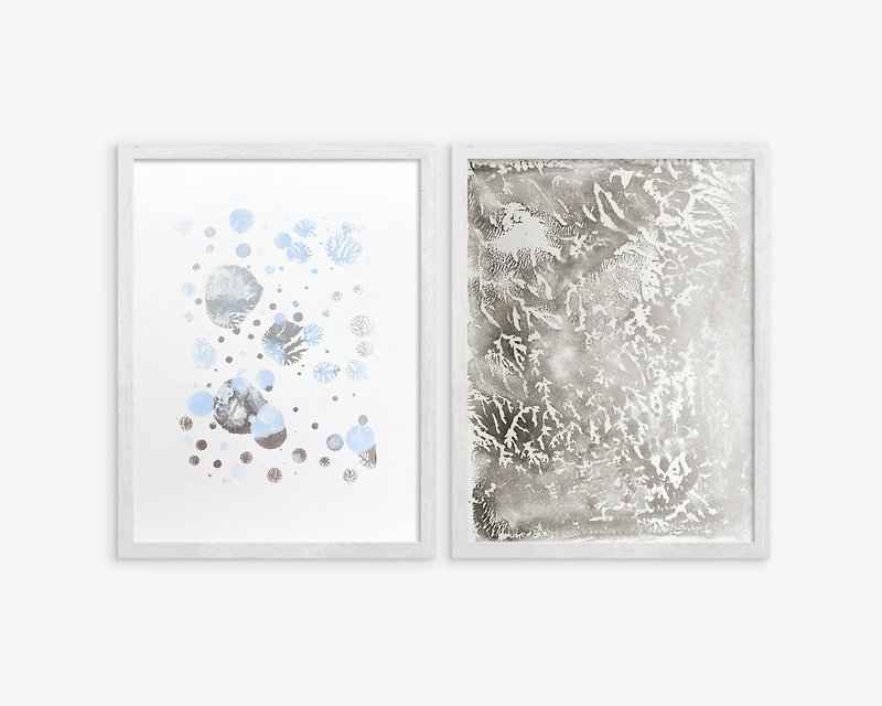 抽象蓝色雪银浮雕纹理冬季画廊墙 2 件艺术印刷品套装 - 海报/装饰画/版画 - 纸 银色