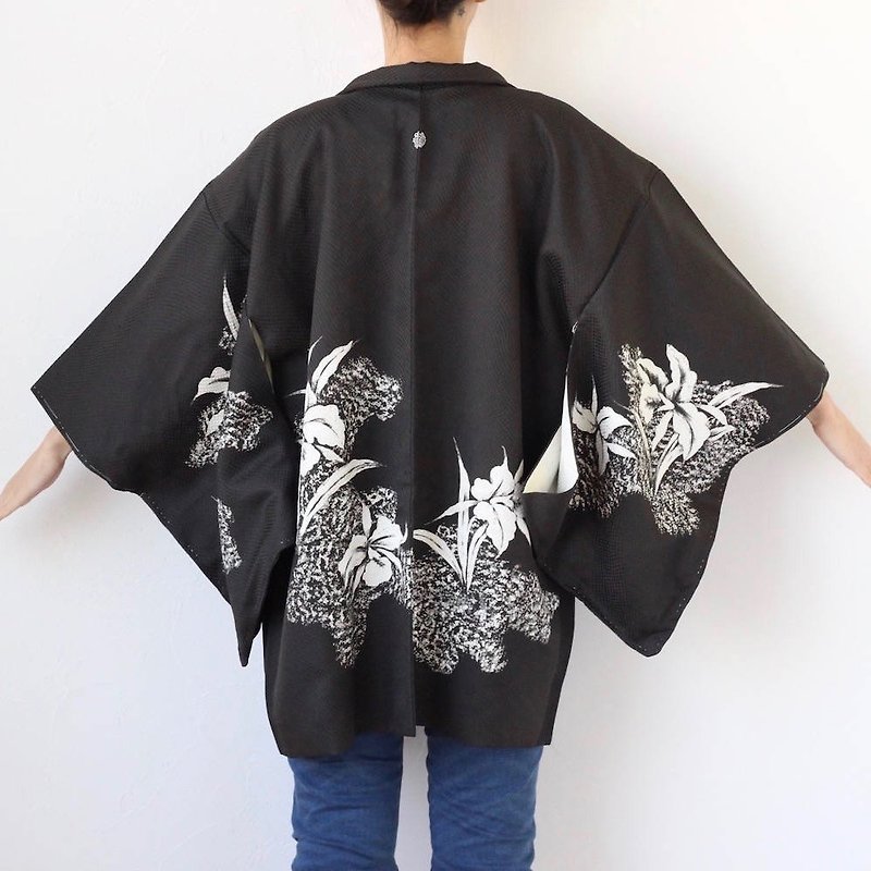 floral kimono jacket, kimono, kimono jacket, black haori, Japanese kimono /2896 - 女装休闲/机能外套 - 丝．绢 黑色