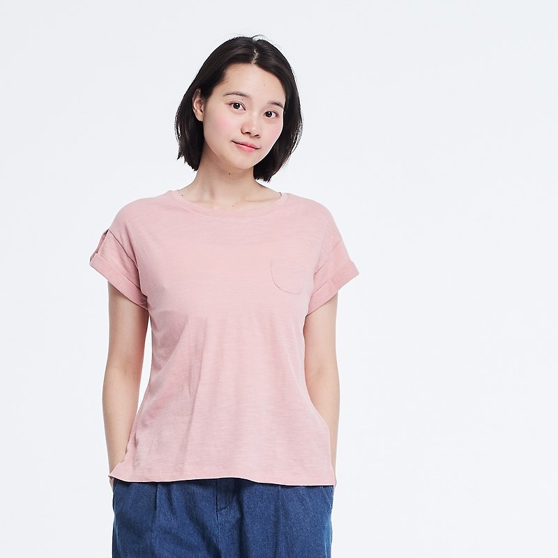 竹节棉褶袖钮扣上衣/櫻花粉 - 女装 T 恤 - 棉．麻 粉红色