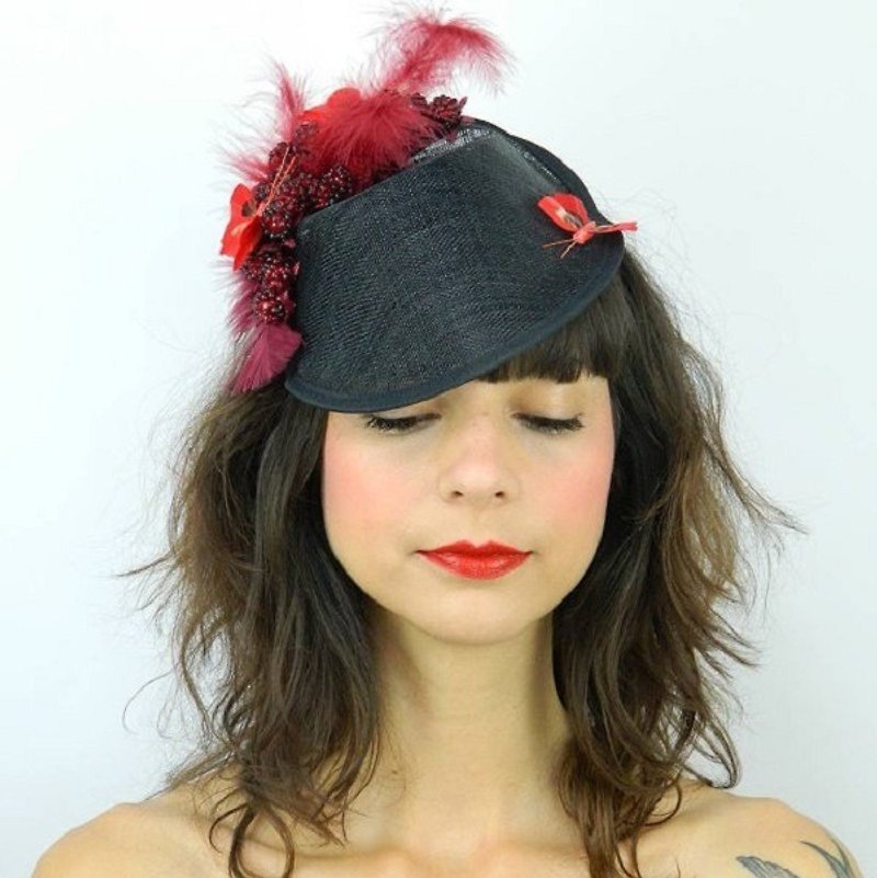Pillbox Dipped Hat Fascinator Headpiece with Raspberries and Red Butterflies - 帽子 - 其他材质 黑色