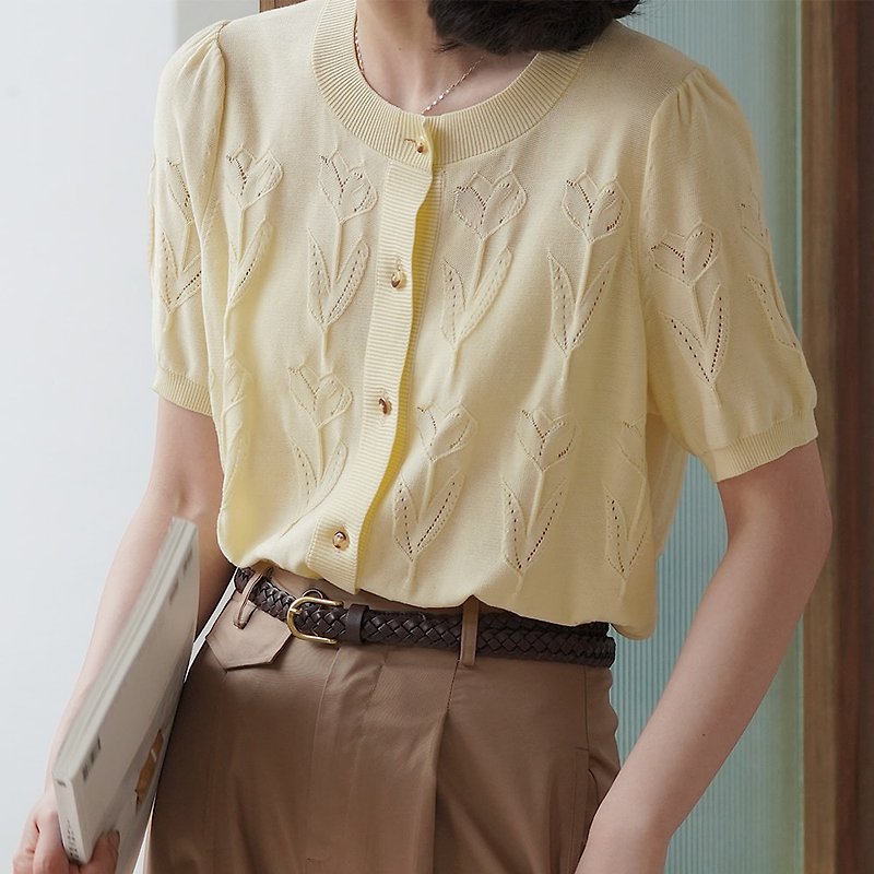 圆领提花镂空清凉针织衫|短衫|两色|夏款|Sora-720 - 女装针织衫/毛衣 - 其他材质 多色