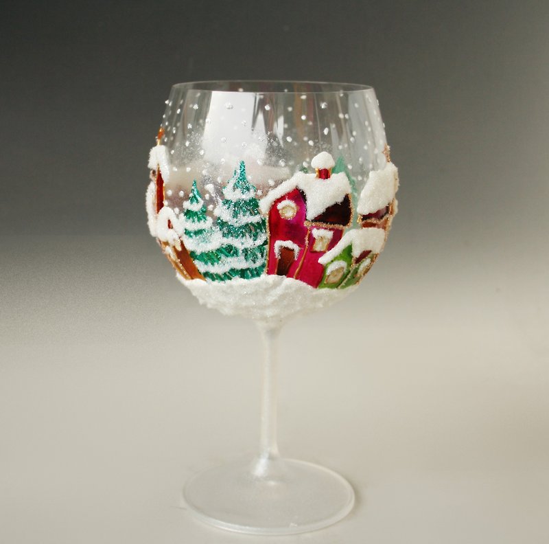 Winter City Christmas Table Decor, Wine Glass, Tealight Candle Holder, Painted - 灯具/灯饰 - 玻璃 多色