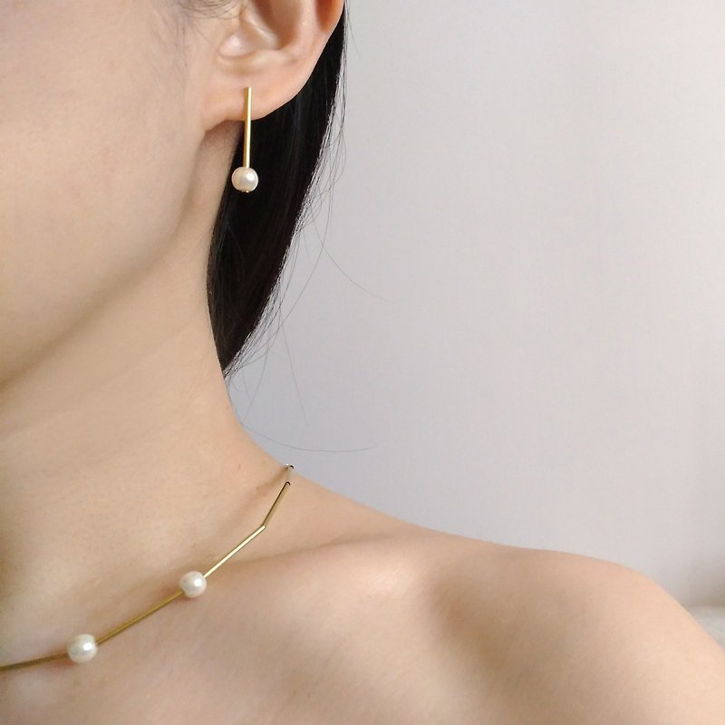 e036-记忆-黄铜珍珠 针式夹式耳环 - 耳环/耳夹 - 宝石 