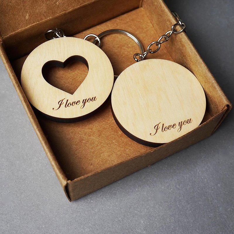 心心相印 钥匙圈 爱心 刻字 免费包装 Wooden Key Ring for Love - 钥匙链/钥匙包 - 木头 黄色