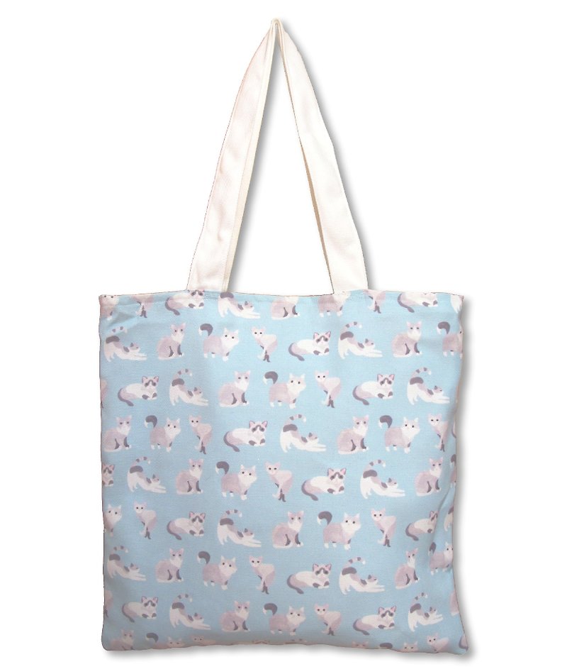 猫猫 手绘 帆布包 手提包 托特包 小提袋 午餐袋 - 手提包/手提袋 - 棉．麻 蓝色