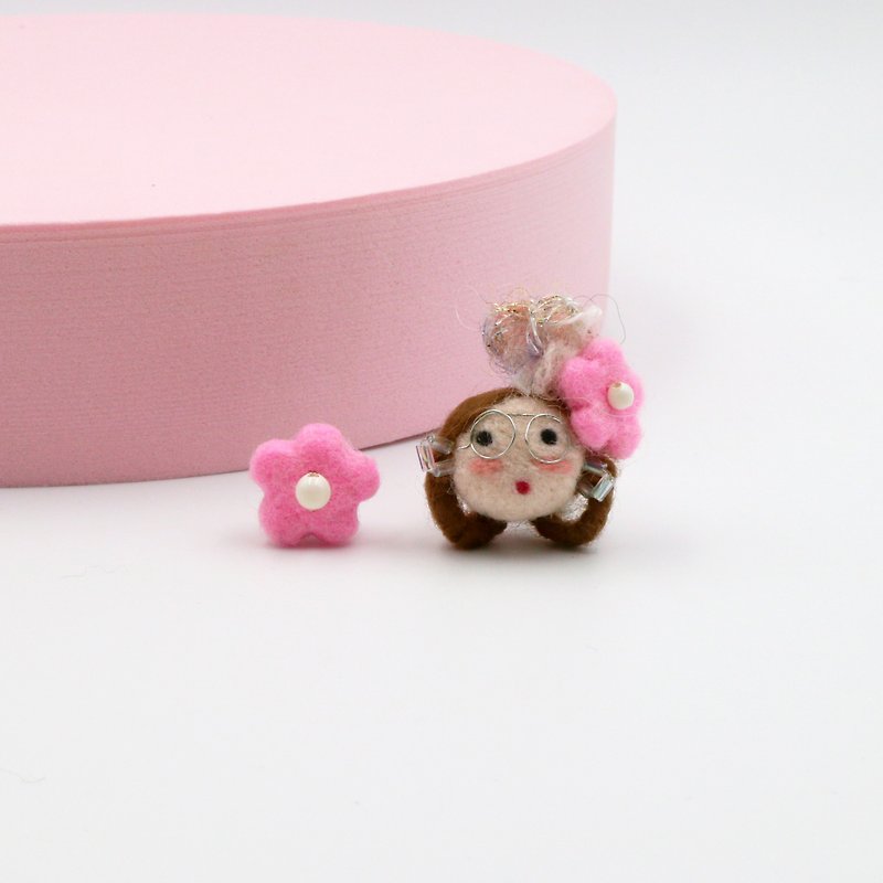 羊毛 耳环/耳夹 粉红色 - 毛毛头 - 我是一朵花 - Mary 耳环 / 耳夹