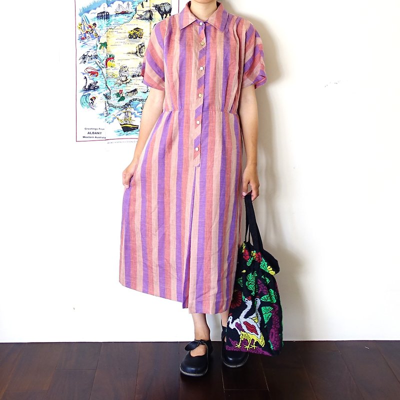 BajuTua/古着/粉紫色条纹 混麻落肩洋装 - 洋装/连衣裙 - 棉．麻 紫色