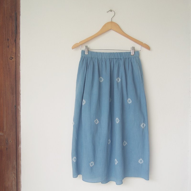 Indigo dot cotton skirt / with lining and pockets - 裙子 - 棉．麻 蓝色