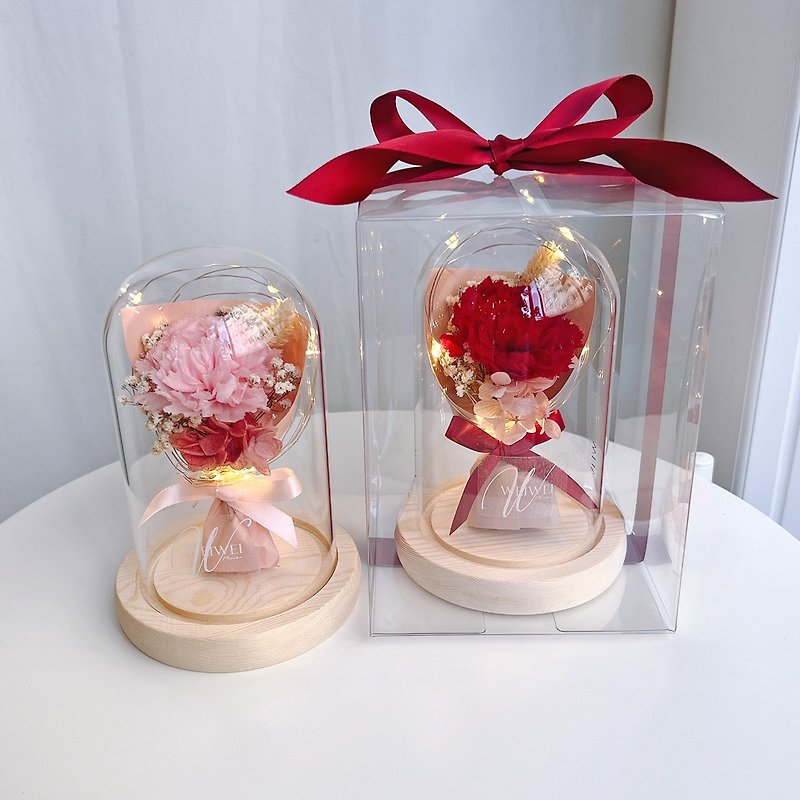 母亲节礼盒/LED康乃馨小花束永生花玻璃钟罩 - 干燥花/捧花 - 植物．花 红色