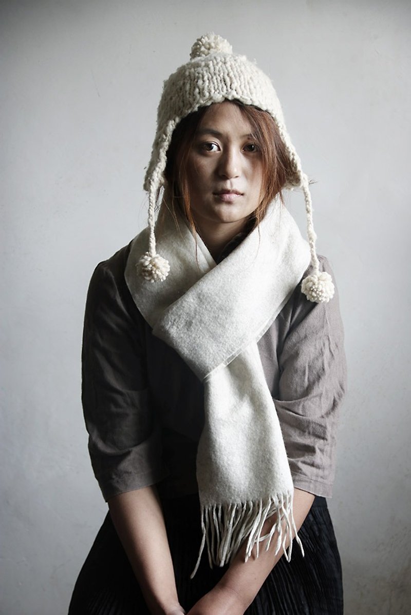 牦牛绒・手工毛毡围巾・白色 - 围巾/披肩 - 其他材质 白色