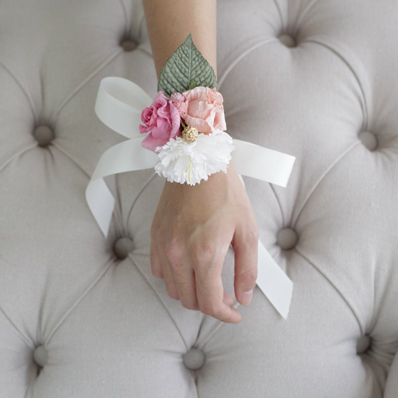 BB208 : Bridesmaid Corsage Bracelet Flower Ribbon Bow  Sweet Pink Size 2.5"x2.5" - 手链/手环 - 纸 白色
