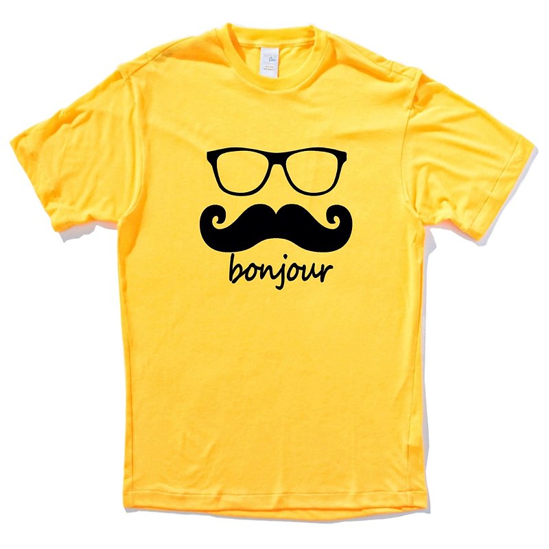 bonjour 男女短袖T恤 黄色 法国 胡子 胡须 复古 眼镜 文青 原创  - 男装上衣/T 恤 - 棉．麻 黄色