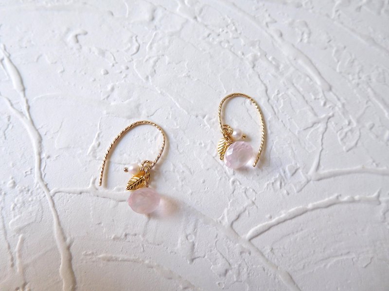 包14K金胖胖粉晶珍珠小叶耳环(可改夹) - 耳环/耳夹 - 其他材质 粉红色