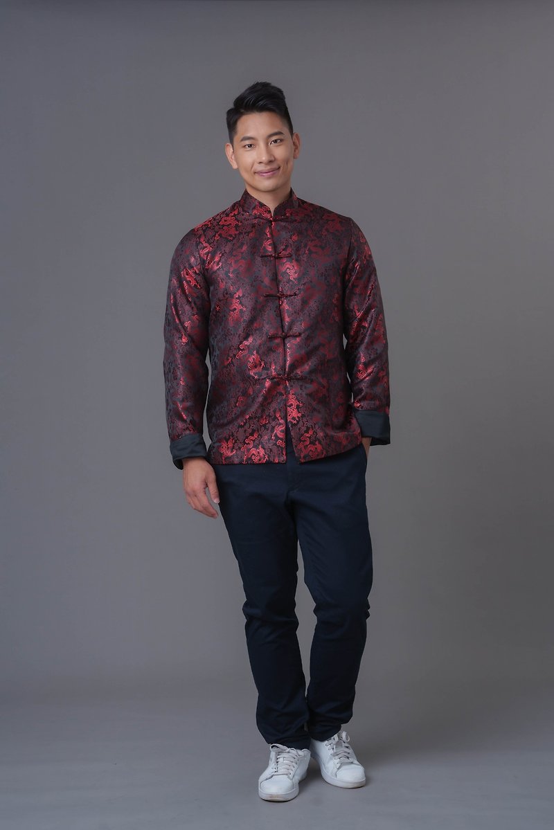 中式双面唐装外套 (黑色/红色龙织锦)|香港设计|休闲|经典|撞色 - 男装外套 - 聚酯纤维 黑色