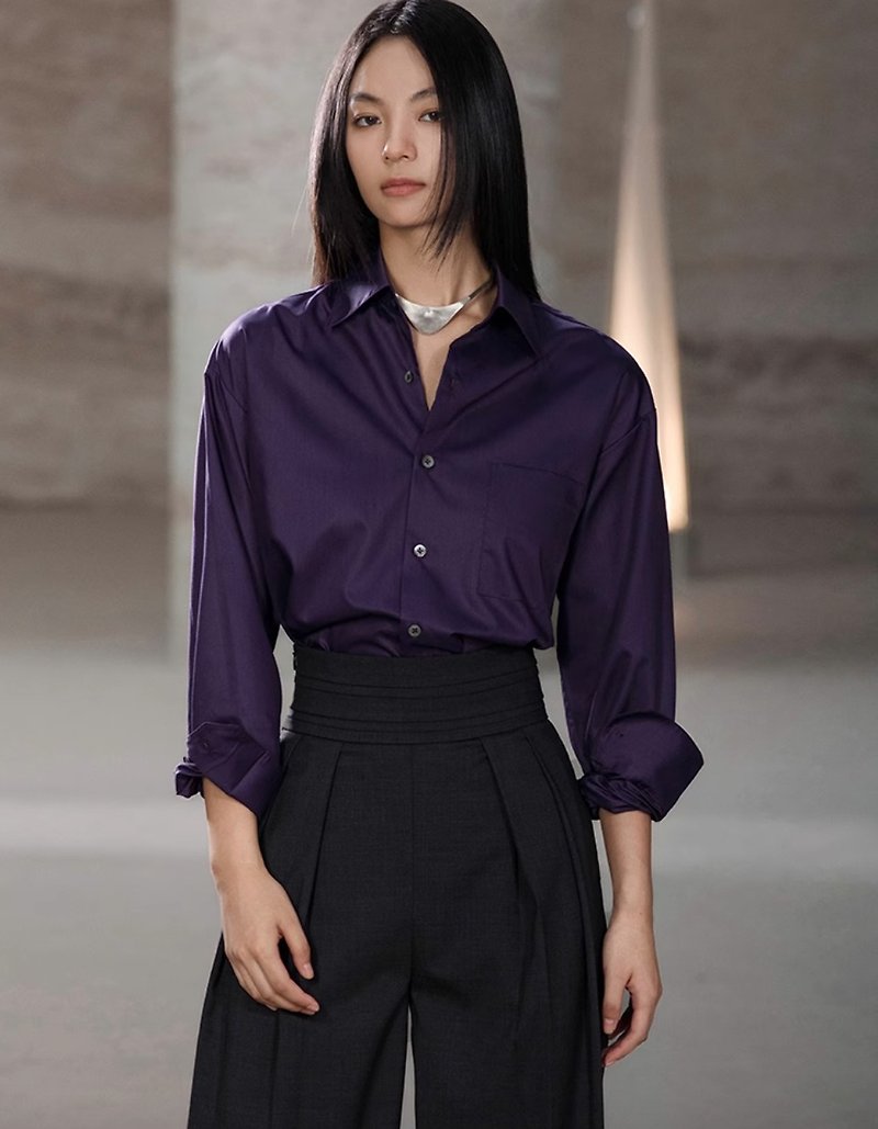 法式极简 丝光长袖衬衫 - 女装衬衫 - 其他材质 紫色